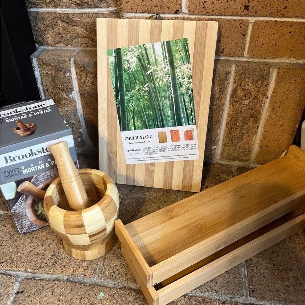 Bamboo Kitchen Bundle-Cutting Board. Stove Shelf, & Mortar/Pestle-NEW